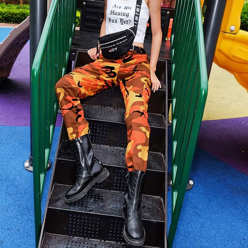Women'S Camo Pants Cargo Trousers Cool Camouflage Pants Elastic Waist Casual Multi Jogger Pants with Pocket