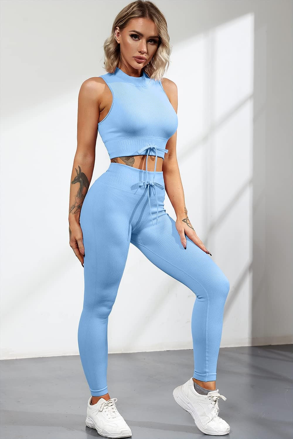 Womens Yoga Pants Bodycon 2 Piece Outfits High Neck Sport Shirts High Waisted Seamless Leggings Blue S
