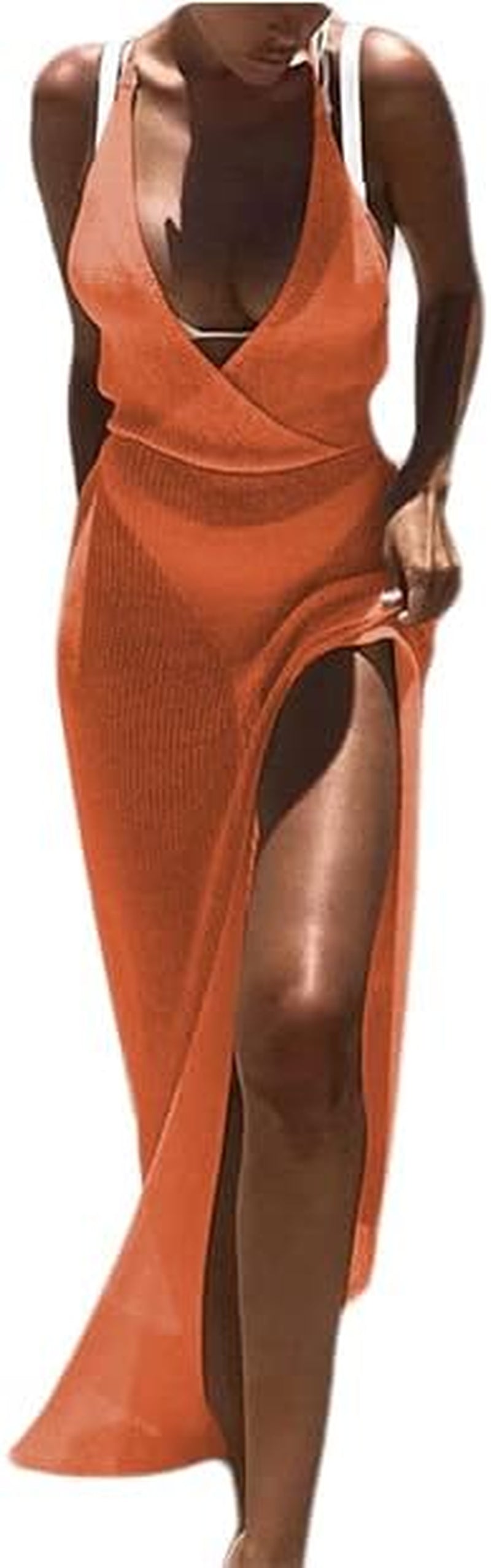 Women'S Halter Crochet Swimwear Cover Ups See through Side Split Backless Summer Beach Long Dress Orange X-Large
