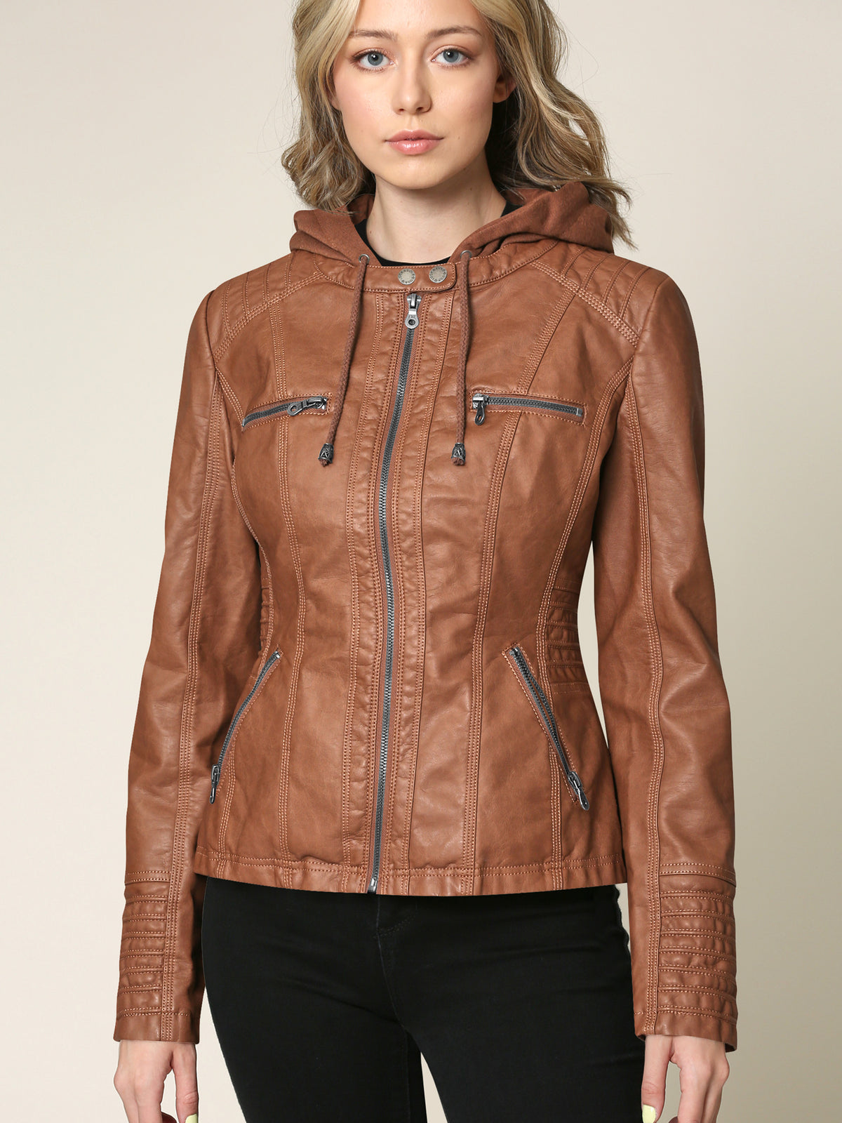 Women'S Removable Hoodie Motorcyle Jacket XXL CAMEL