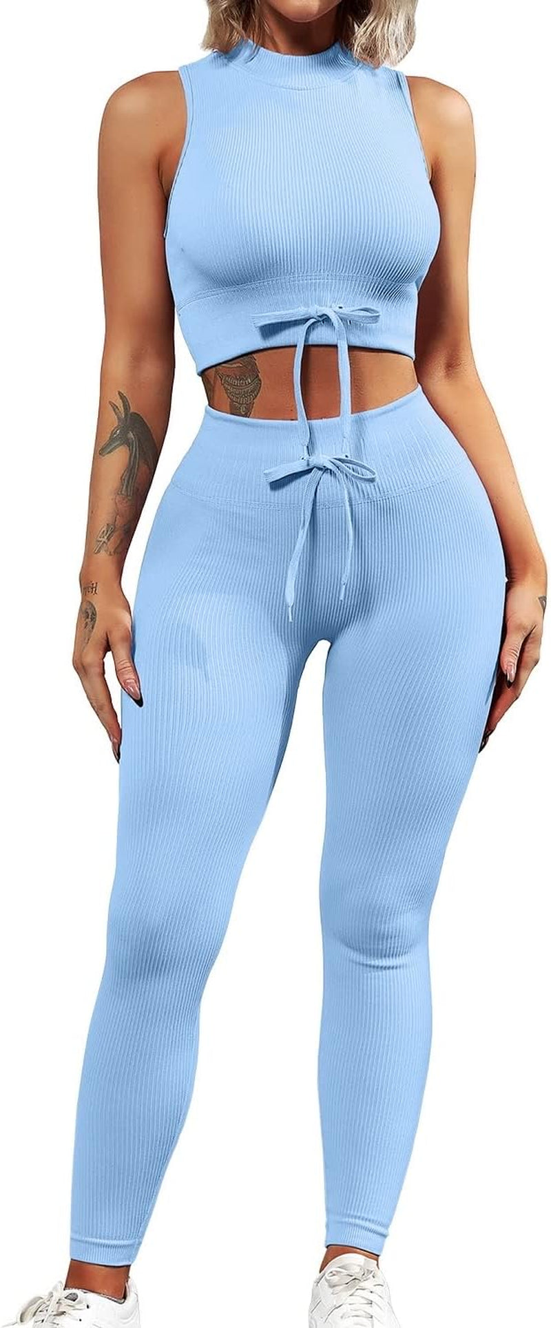 Womens Yoga Pants Bodycon 2 Piece Outfits High Neck Sport Shirts High Waisted Seamless Leggings Blue S
